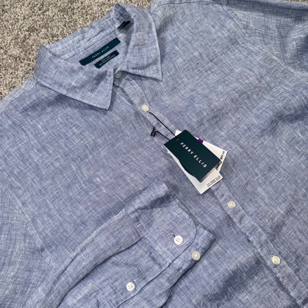 Perry Ellis 100% Linen Shirt Mens Untucked Long Sleeve Colony Blue XXL NEW